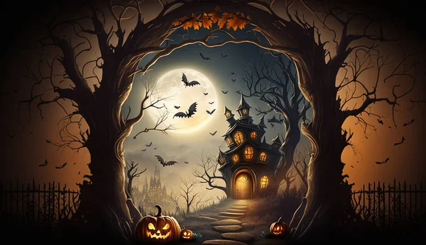 Halloween Kürbis Mit Geisterhaus Und Fledermäusen — Stockfoto
