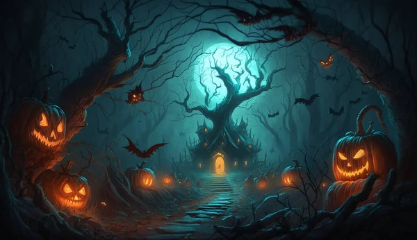 Halloween Achtergrond Blije Spookachtige Pompoenen Met Bladeren Vleermuizen Boomtakken — Stockfoto