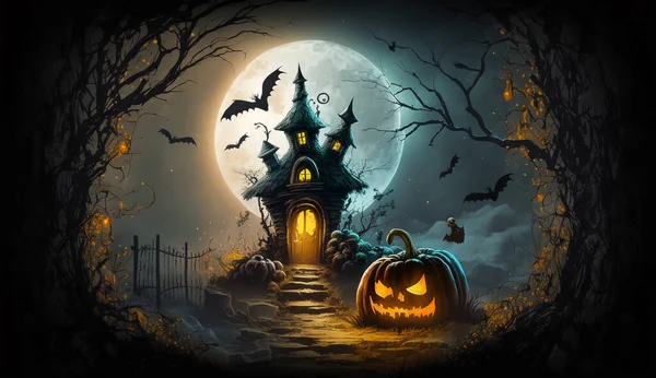 Halloween Háttér Kísértetjárta Kastély Sötét Éjszaka Sütőtök Lámpás — Stock Fotó