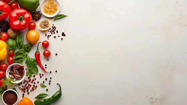 Grönsaker Det Grå Bordet Ovanifrån Med Kopieringsutrymme Platt Äggläggning — Stockfoto