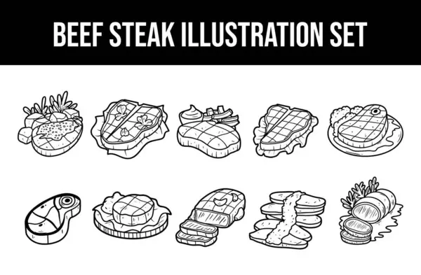 Beef Steak Bosquejo Esquema Vector Ilustración Conjunto — Archivo Imágenes Vectoriales