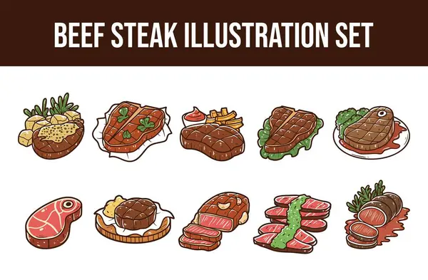 Rundvlees Steak Vector Illustratie Set — Stockvector