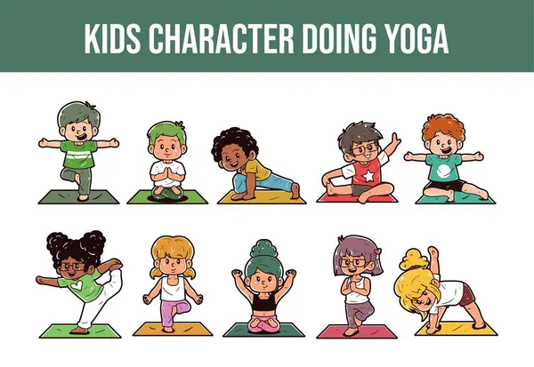 Niños Personaje Haciendo Yoga Vector Ilustración Conjunto Vector de stock