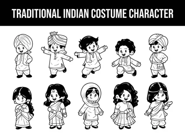 Personaje Infantil Que Lleva Conjunto Ilustración Contorno Vectorial Tradicional Indio Ilustración de stock