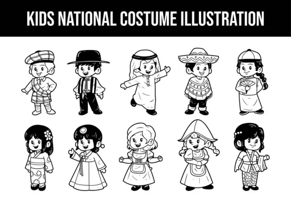 Personaje Los Niños Con Conjunto Ilustración Esquema Vestuario Nacional Gráficos vectoriales