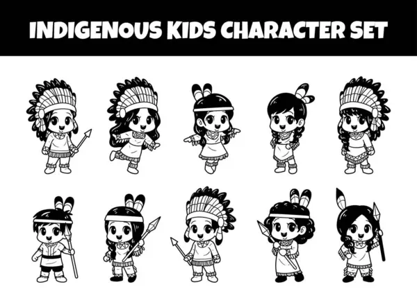 stock vector Indigenous kids character outline vector illustration set