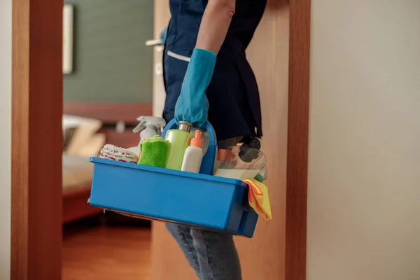 Profissional Limpeza Senhora Segura Caixa Com Detergentes Trapos Foto Alta — Fotografia de Stock
