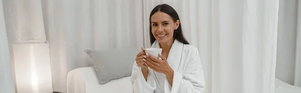 Happy Pretty Woman White Bathrobe Enjoying While Resting Cup Coffee — Stock Photo, Image