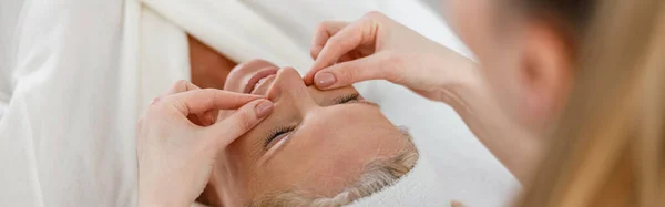 Close Female Cosmetologist Doing Facial Massage Pretty Happy Mature Woman — Stock Photo, Image