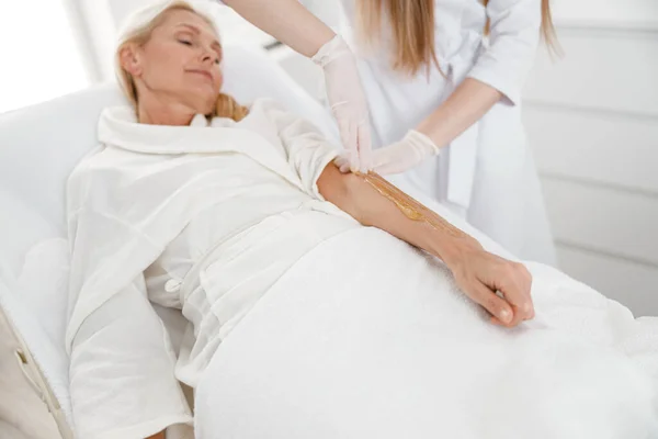 Specialist Doing Sugaring Depilation Removing Unwanted Hair Woman Patient Spa — Stock Photo, Image