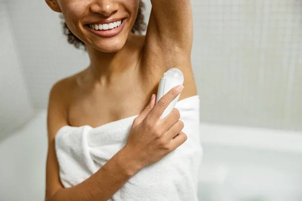 Afro American Woman Towel Use Underarm Deodorant Stick Daily Hygiene — Stock Photo, Image