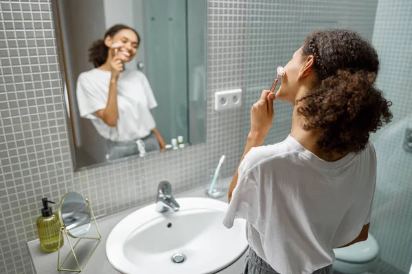 Woman Making Face Massage Using Face Roller Quartz Stone Bathroom — Stock Photo, Image