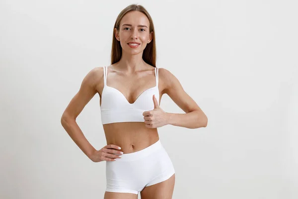 Slim Beautiful Female Body Wearing White Lingerie Studio Background High — Stock Photo, Image