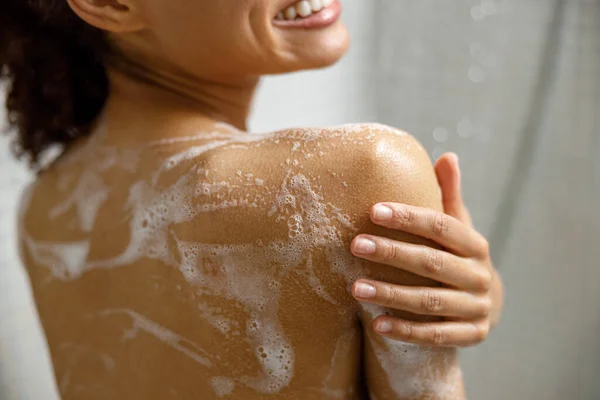 Close African Woman Taking Shower Gel Shampoo Foam Bathroom High — Stock Photo, Image