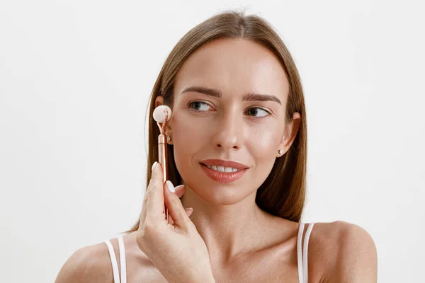 Beautiful Woman Wearing Lingerie Using Stone Facial Roller Beauty Skin — Stock Photo, Image