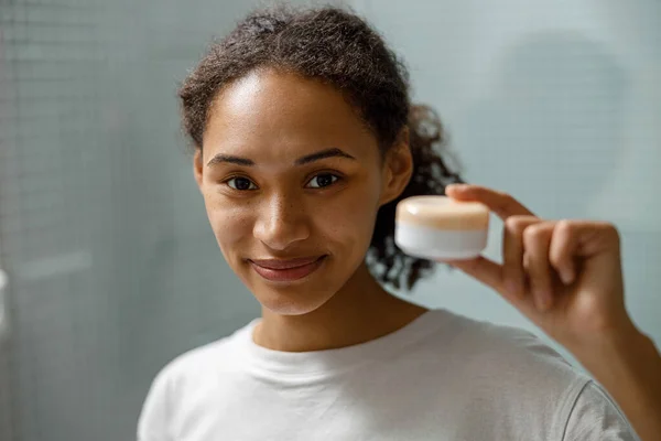 Woman Holding Jar Moisturizer Cream Face Skincare Routine High Quality — Stock Photo, Image