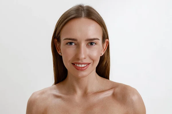 stock image Tender woman with perfect face looking at camera over white studio background. High quality photo