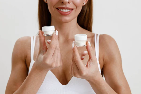 Woman Wearing Lingerie Facial Cream Jar White Studio Background High — Stock Photo, Image