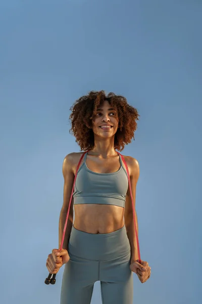 Sporty Woman Sportswear Holding Jump Rope Studio Background Best Cardio — Stock Photo, Image