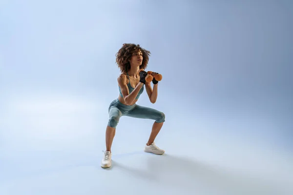 Woman Doing Exercises Dumbbells Studio Background Sport Healthy Lifestyle — Stock Photo, Image