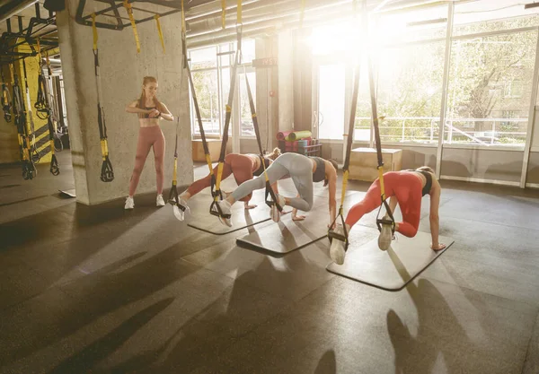 让妇女在做俯卧撑训练时使用健身吊带 高质量的照片 — 图库照片