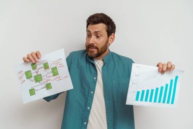 Yıkım girişimcisi veya satıcı beyaz arka planda satış ve iş planını gösteriyor 