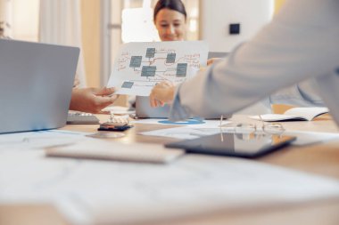 Ofiste toplantı sırasında belgelerle çalışan iş ekibini kapatın. Yüksek kalite fotoğraf