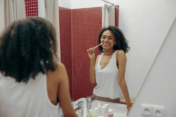 Young Woman Brushing Teeth Toothbrush Morning Looking Mirror Bathroom — Stock Photo, Image