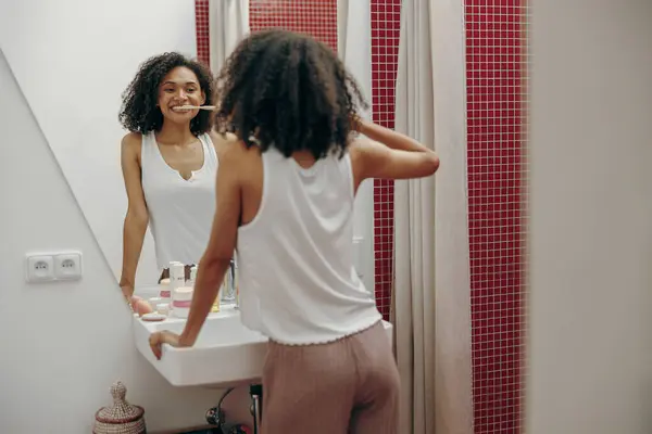 Young Woman Brushing Teeth Toothbrush Morning Looking Mirror Bathroom — Stock Photo, Image