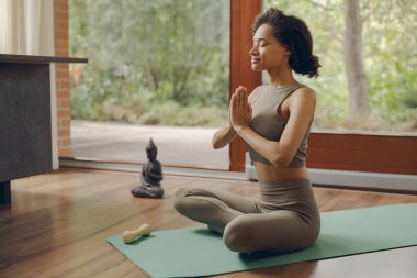 Spor giyim sektöründe genç ve çekici bir kadın evde minderde otururken yoga yapıyor.