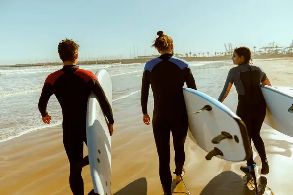 Group of friends with surfboards entering towards ocean for surfing on waves. High quality photo