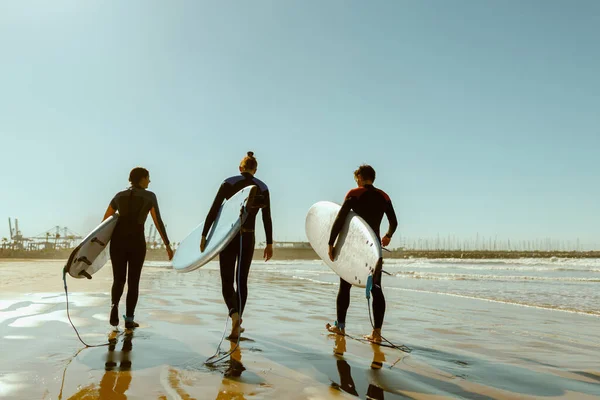 Group of friends with surfboards entering towards ocean for surfing on waves. High quality photo