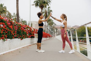 Spor yapan kadınlar, spor yaptıktan sonra el sıkışıyorlar.