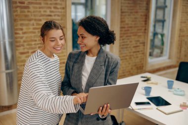 İki meşgul kadın iş arkadaşı dizüstü bilgisayarla ofiste projeyi tartışıyor.