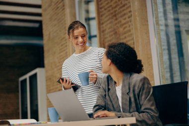 İki gülümseyen bayan meslektaşımız proje üzerinde çalışıyor ve ofiste dizüstü bilgisayar kullanıyorlar.