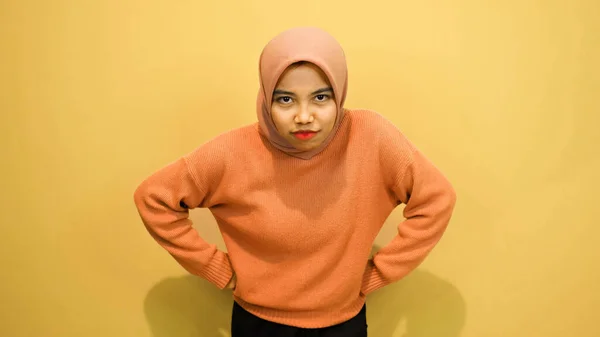 Studio Portrait Photo Young Asian Woman Anger Face Expression Orange — Stock Photo, Image
