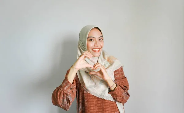 Happy Young Asian Woman Wearing Casual Shirt Hijab Feels Romantic — Stock Photo, Image