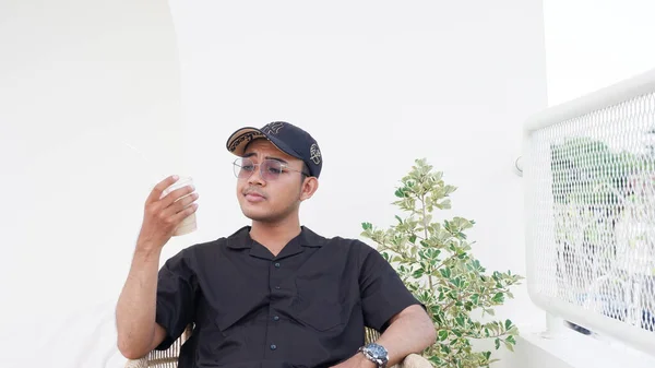 Yogyakarta July 4Th 2023 Portrait Young Asian Man Black Shirt — Stock Photo, Image