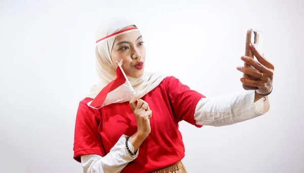 Mujeres Indonesias Celebran Día Independencia Indonesia Agosto Tomando Una Selfie —  Fotos de Stock