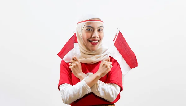 Heyecanlı Genç Asyalı Kadın Endonezya Nın Bağımsızlık Gününü Kutluyor Beyaz — Stok fotoğraf