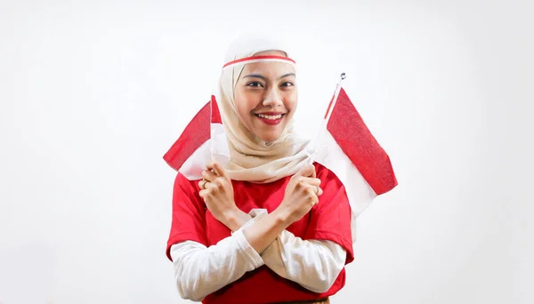 Une Jeune Femme Asiatique Excitée Célèbre Fête Indépendance Indonésienne Tenant — Photo