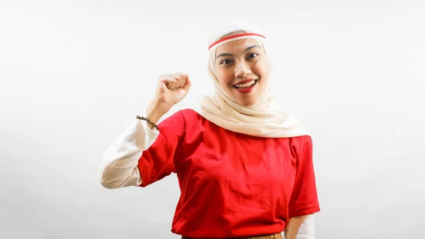 Jovens Mulheres Asiáticas Entusiasmadas Celebram Dia Independência Indonésia Agosto Celebrando — Fotografia de Stock