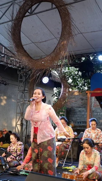 stock image Yogyakarta, Indonesia - November 18st, 2023. Group of Indonesian Javanese moms performing traditional music at ngayogjazz festival