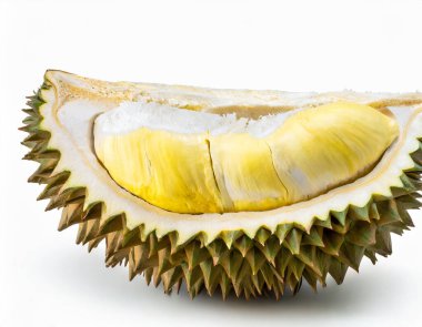 Beyaz arka planda yarı izole edilmiş Durian meyvesi. Kesme yolu.