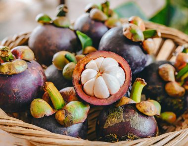 Eski ahşap bir arka planda bambu sepetinde sunulan taze mangosen yavruları. Mangosteen, meyvelerin kraliçesi olarak tanınır ve Asya meyvelerinin özünü yakalar..