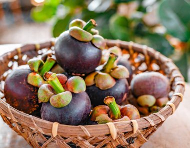 Eski ahşap bir arka planda bambu sepetinde sunulan taze mangosen yavruları. Mangosteen, meyvelerin kraliçesi olarak tanınır ve Asya meyvelerinin özünü yakalar..
