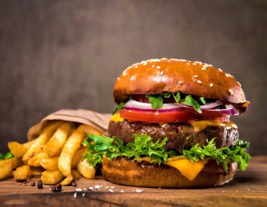 Tahta masada lezzetli hamburgerler.