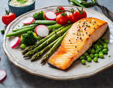 Kızarmış somon bifteğinin yanında kuşkonmaz, brokoli, havuç, domates, turp, yeşil fasulye ve bezelye. Taze sebzelerle karıştırılmış bir balık yemeği..