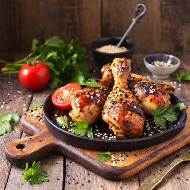 Susamlı, maydanozlu ve domatesli ızgara tavuk budu..