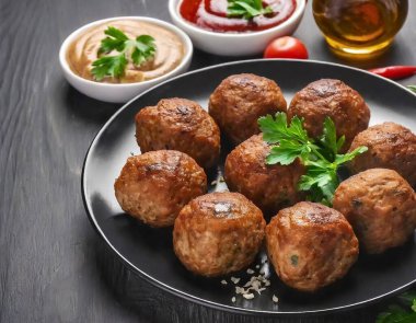 Soslu, baharatlı ve sarımsaklı ahşap bir tahtada sergilenen baharatlı köfteler. Kopyalama alanı olan yan görünüm.